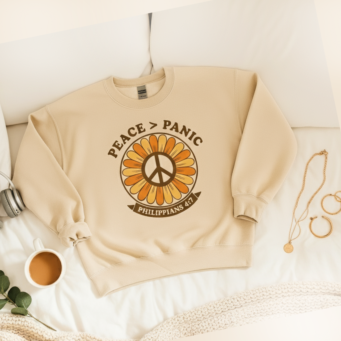 Peace > Panic Sweatshirt – Philippians 4:7 | Faith + Calm Comfort Crewneck for Everyday Peace